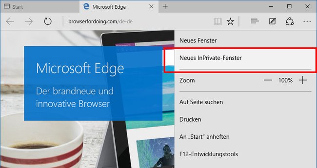 So startet ihr Edge zum Browsen mit InPrivate-Fenster.