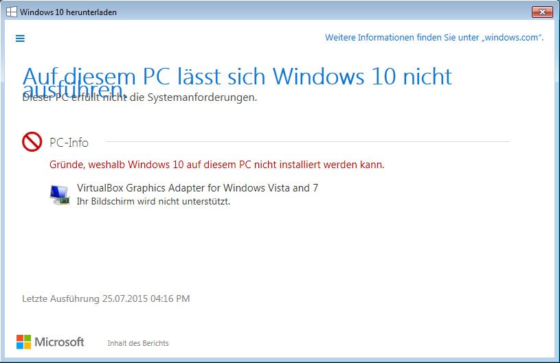 Der virtuelle PC ist laut Bericht nicht mit Windows 10 kompatibel.