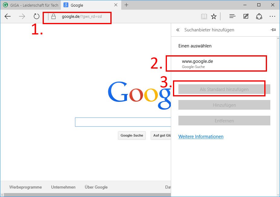 Microsoft Edge: So stellt ihr Google als Standard-Suchmaschine ein.