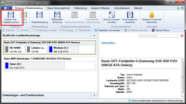 Klickt auf den Button, um eure Festplatte mit Windows zu sichern.