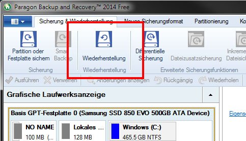 Mit dem Button Wiederherstellung spielt ihr euer Windows-Backup zurück.