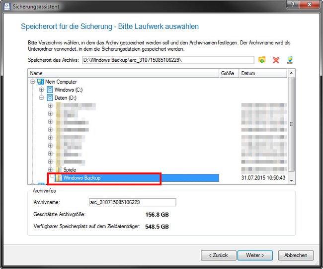 Der Ordner "Windows Backup" ist als Speicherort für das Windows-Backup auf der zweiten Festplatte D ausgewählt.