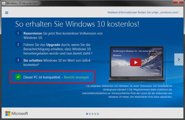 Der PC ist laut Anzeige Windows-10-kompatibel.