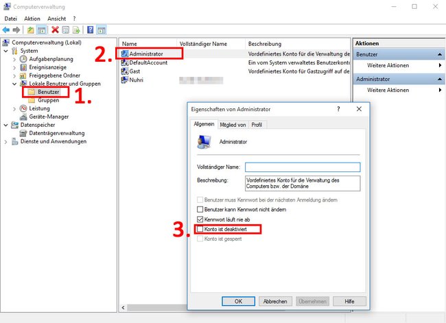 In der Computerverwaltung aktiviert ihr das Administrator-Konto. Bild: GIGA