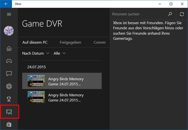 Eure Game DVR Aufnahmen zeigt Windows 10 in der Xbox-App an.