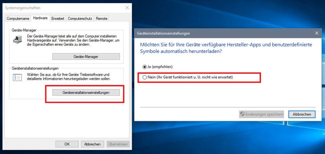 Windows 10 Geräteinstallationseinstellungen.