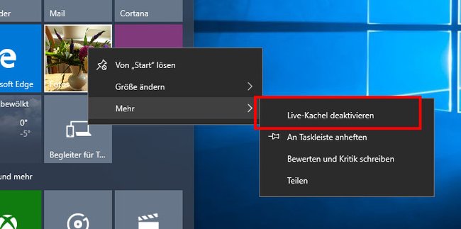 Windows-10-Startmenü: So deaktiviert ihr die Live-Kacheln.