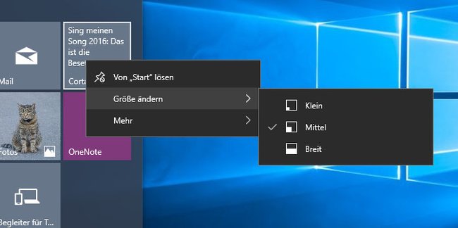 Windows 10: Per Rechtsklick ändert ihr die Kachel-Größe.