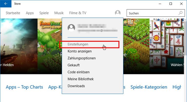 Windows Store: Unter dem Profilbild-Button findet ihr die Einstellungen.