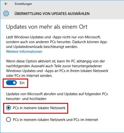 Mit dieser Einstellungen sendet Windows 10 die Updates nur noch an andere Rechner eures lokalen Netzwerks.