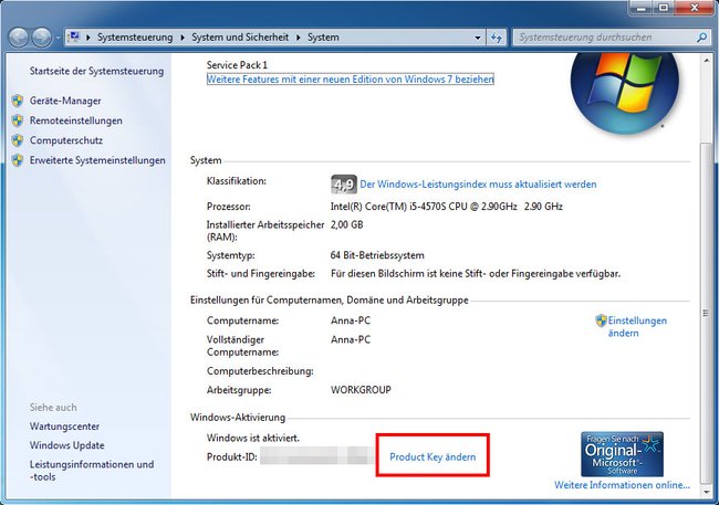 Windows 7: Hier ändert ihr den Product Key.