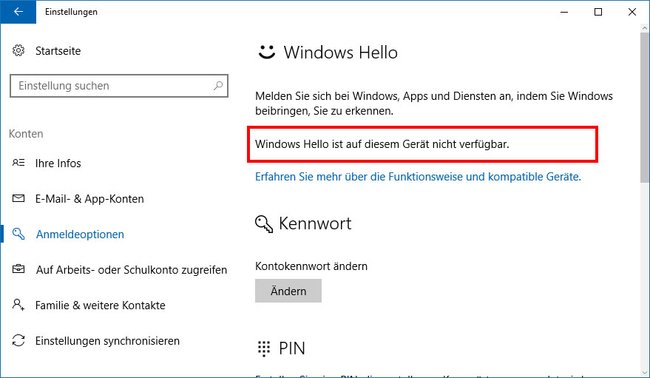 Auf diesem Windows-10-PC ist Windows Hello nicht verfügbar.