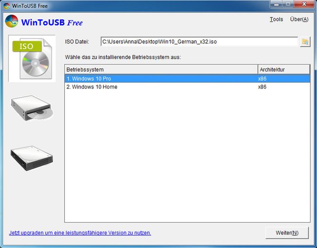 WinToUSB: Wählt oben die ISO-Datei mit Windows aus und darunter die Version. Bild: GIGA