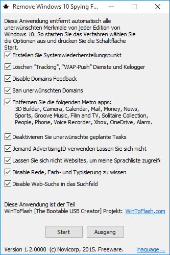 Remove Windows 10 Spying Features screenshot: Das Tool ist sehr einfach und übersichtlich gestaltet.