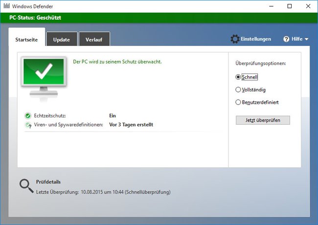 In Windows 10 ist standardmäßig der Virenschutz Windows Defender aktiviert.