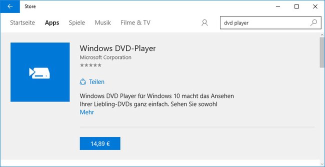 Windows Store: Die App Windows DVD-Player kostet im Windows Store 14,89 Euro.