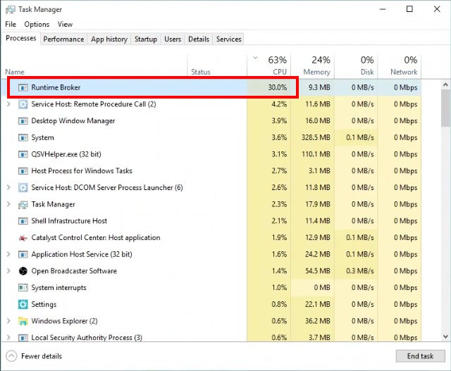 Windows 10: Der Prozess Runtime Broker verbraucht permanent zu viel CPU-Auslastung.