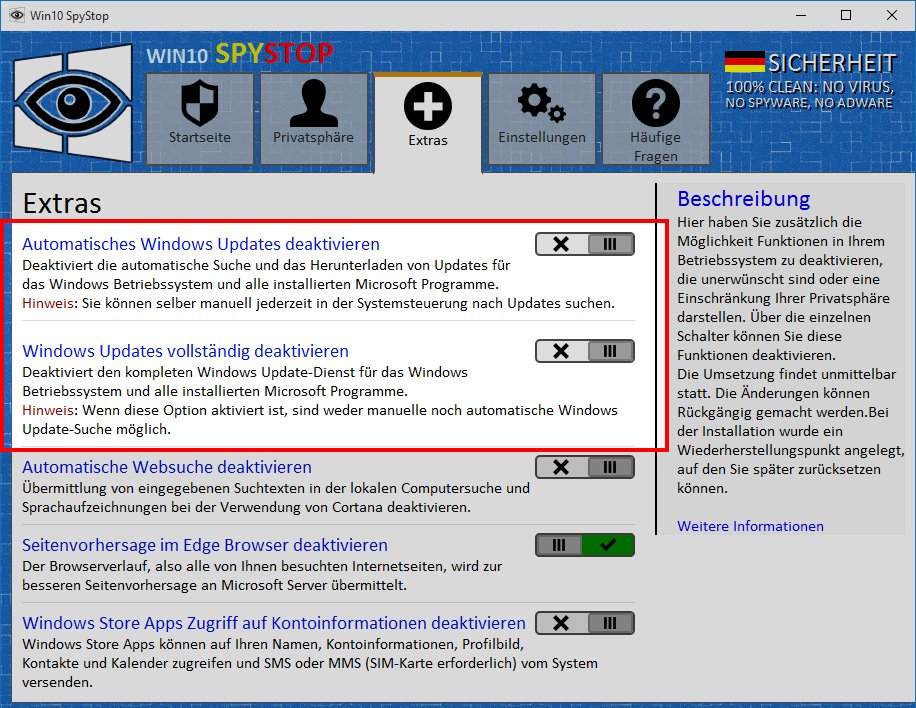 Die Freeware Win10 SpyStop deaktiviert auf Wunsch auch Windows-Updates.
