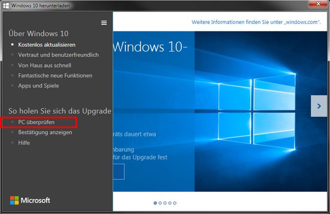 Der Windows 10 Upgrade-Advisor lässt sich über die "Get Windows 10"-App öffnen.