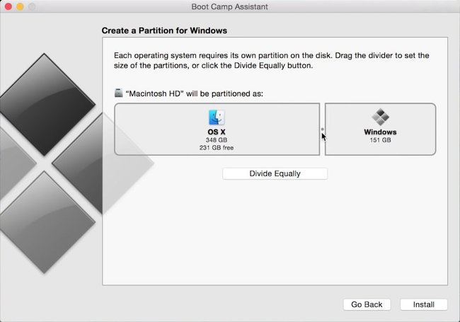 Boot Camp: Stellt hier die gewünschte Größe für die Windows-Partition ein.