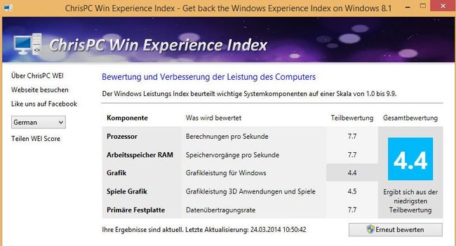 Mit dem kostenlosen Tool Win Experience Index bekommt ihr den Leistungsindex zurück. Bild: GIGA