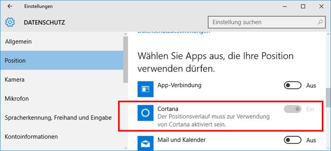 Eigentlich könnt ihr Cortana in Windows 10 die Verwendung eurer Position nicht verbieten, da sie standardmäßig ausgegraut ist.