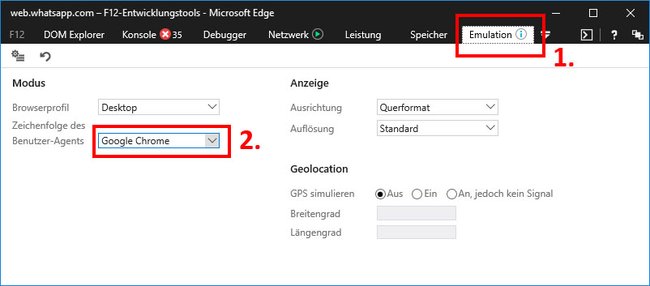 In den F12-Entwicklungstools emuliert Edge einen anderen Browser, um WhatsApp Web zu starten.