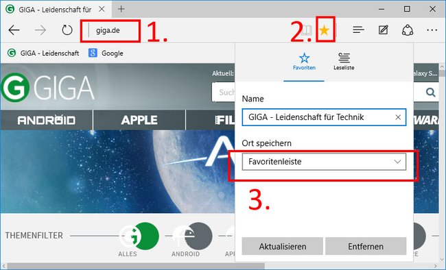 Microsoft Edge: So fügt ihr der Lesezeichenleiste neue Webseiten-Einträge hinzu.