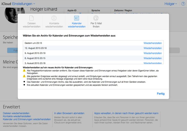 Auch gelöschte Kalendereinträge befinden sich zunächst im Papierkorb