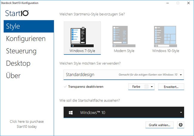 Start10: Wählt hier ein Startmenü-Stil aus