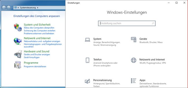 Links die Systemsteuerung, rechts die neuen Windows-10-Einstellungen.