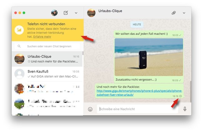 Bei keiner Internetverbindung des iPhones sendet WhatsApp auf dem Mac nichts.