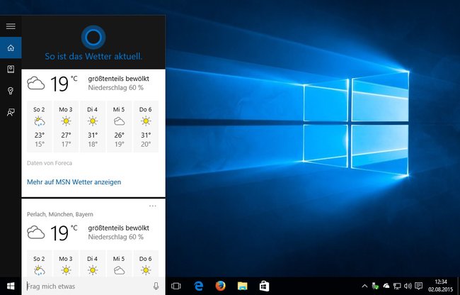 Windows 10: Mit dem Shortcut Windows + S ruft ihr Cortana auf.