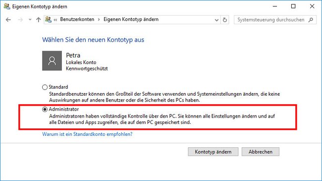 Windows 10: Hier werden dem neuen lokalen Account Administratorrechte gegeben.