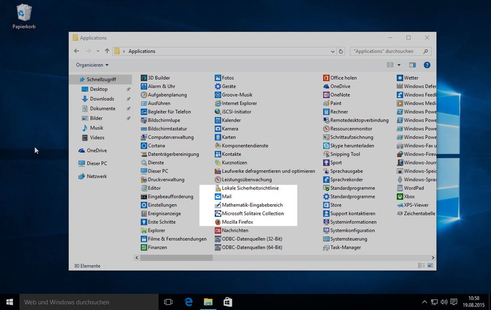 Im App-Ordner von Windows 10 wird Edge nicht mehr angezeigt.