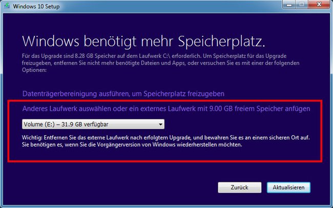 Windows 10 kann Installationsdateien auch auf andere Festplatten oder USB-Sticks auslagern, wenn ihr zu wenig Speicherplatz habt.