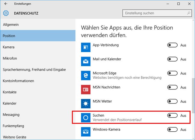 Cortana ist es verboten die Position zu verwenden. Eigentlich lässt sich der Schalter aber nicht auf "Aus" stellen.