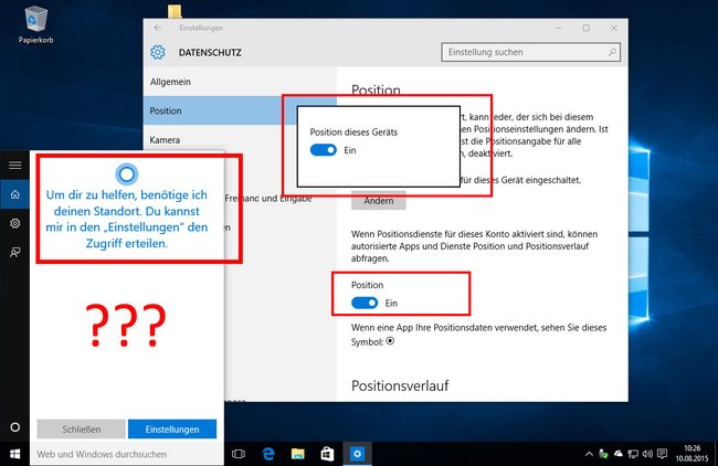 Cortana verlangt nach dem Standort, obwohl die Positionserkennung in Windows 10 eingeschaltet ist.