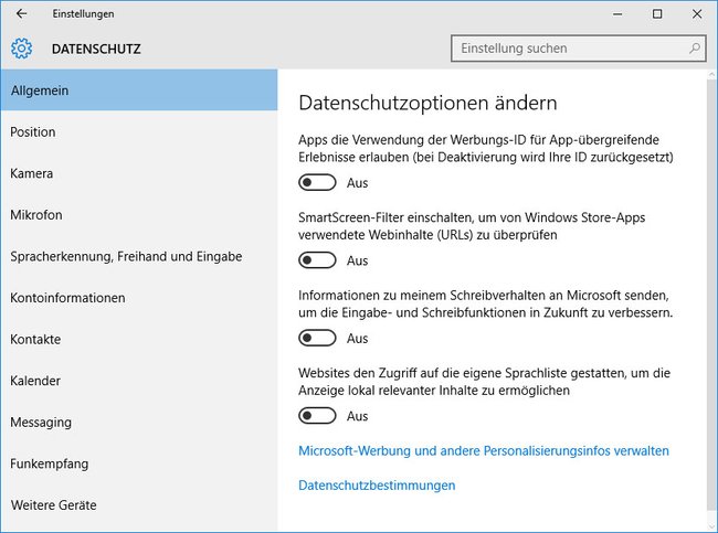 Windows 10: Ein strukturiertes Datenschutz-Menü macht den Datenschutz noch nicht transparent.