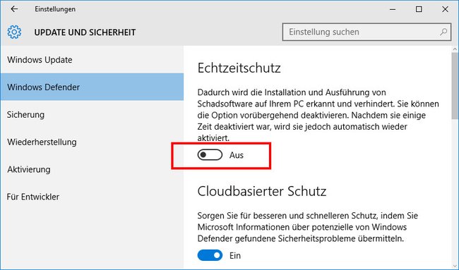 Windows 10: Hier könnt ihr den Windows Defender vorübergehend deaktivieren.