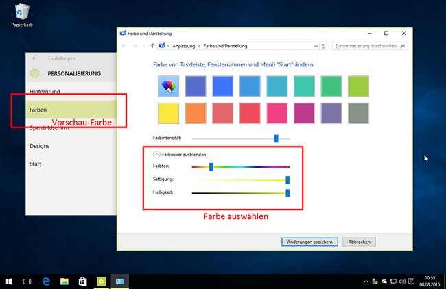 Windows 10: So erstellt ihr eure eigene Farbe und wählt sie aus.