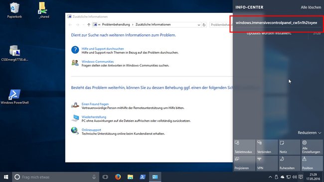 Windows 10: Ein seltsamer Fehlerhinweis mit "immersivecontrolpanel" erscheint. Einstellungen und Startmenü funktionieren nicht.