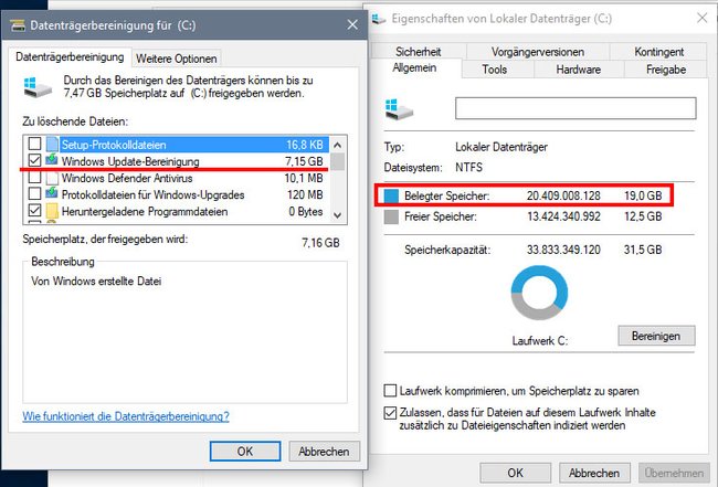 Nach Updates war Windows 10 ca. 19 GB groß. Allerdings waren etwa 7 GB Update-Sicherungen