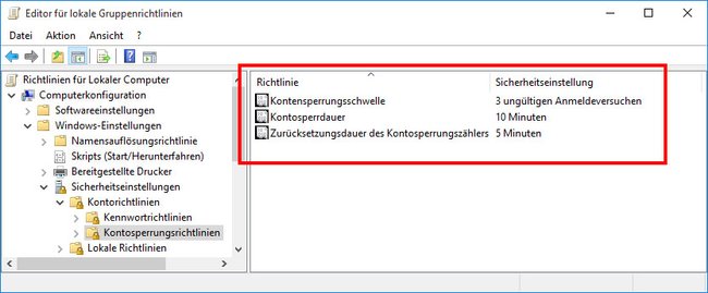 Windows 10: Hier stellt ihr ein, wann Windows-Konten bei falschen Passwort-Logins gesperrt werden.