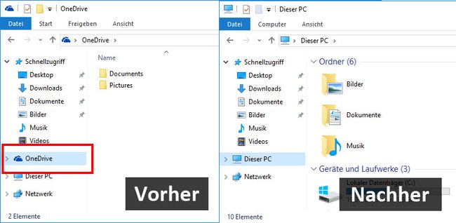 Windows 10: Das OneDrive-Symbol lässt sich ebenfalls aus dem Windows-Explorer entfernen. Bildquelle: GIGA
