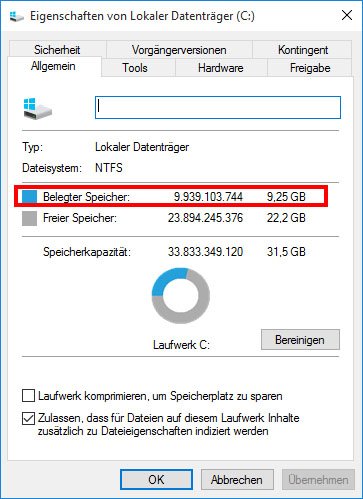 Windows 10 64-Bit Pro belegte als Neuinstallation bei uns 9,25 GB auf der Festplatte.