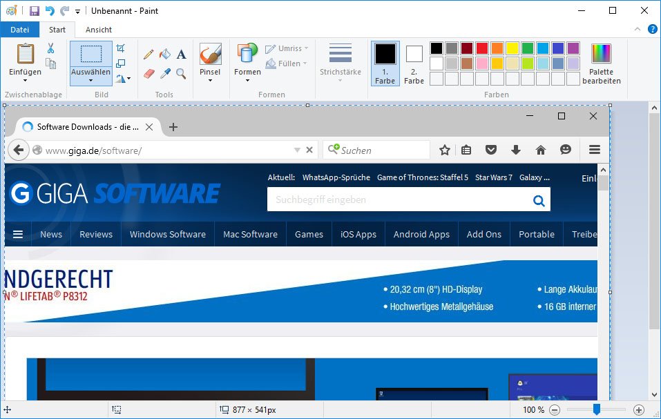 Hier haben wir einen Screenshot per Tastenkombination erstellt und mit „Strg + V“ in Paint eingefügt