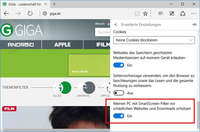 Microsoft Edge: Hier deaktiviert ihr den SmartScreen-Filter für den Browser.