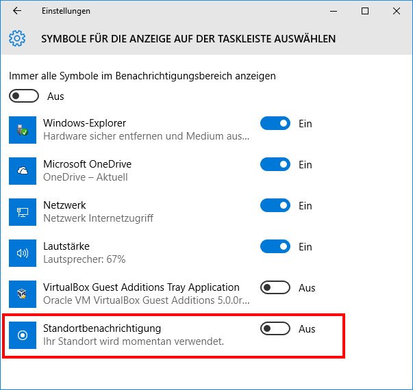 Windows 10: Hier blendet ihr das Symbol für die Standortbenachrichtigung in der Taskleiste aus.