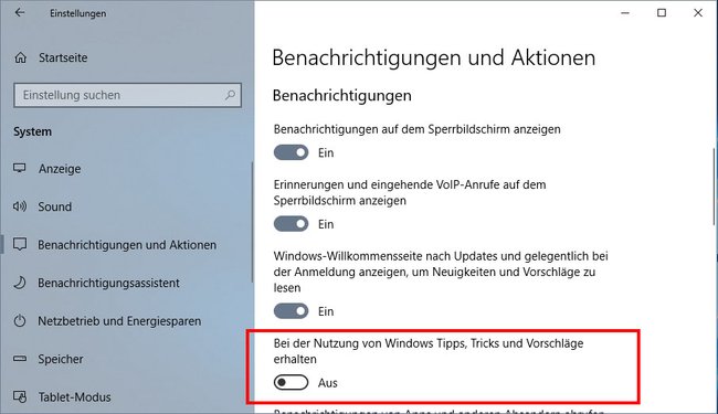 Hier deaktiviert ihr die Tipps-Anzeige in Windows 10.